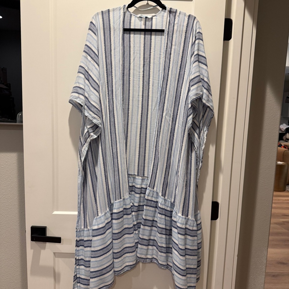 Coastal Boho Blue Island Striped Kimono Duster OS Metallic Resort Beach Cover Up